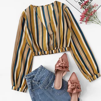 Sexy V-Neck Striped Chiffon Long-Sleeve Shirt Women Crop Tops Shirt Blouse Daily Womens Tops And Blouses blusa feminina #2S
Sexy V-Neck Striped Chiffon Long-Sleeve Shirt Women Crop Tops Shirt Blouse Daily Womens Tops And Blouses blusa feminina #2S