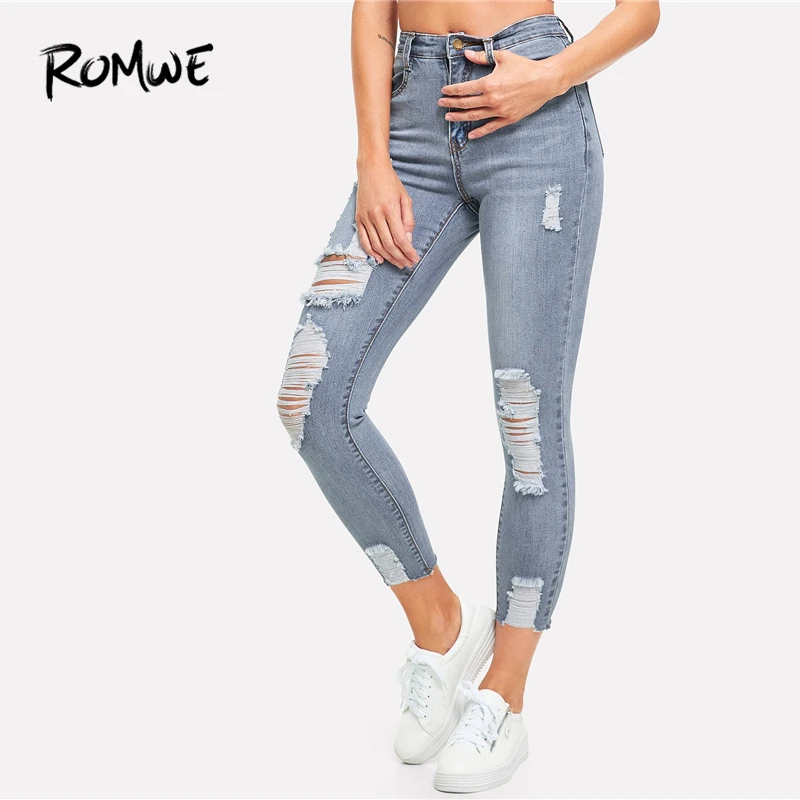 

ROMWE Ripped Bleach Wash Skinny Jeans 2019 New Design Mid Waist Solid Women Trousers Casual Stylish Blue Zipper Fly Pans