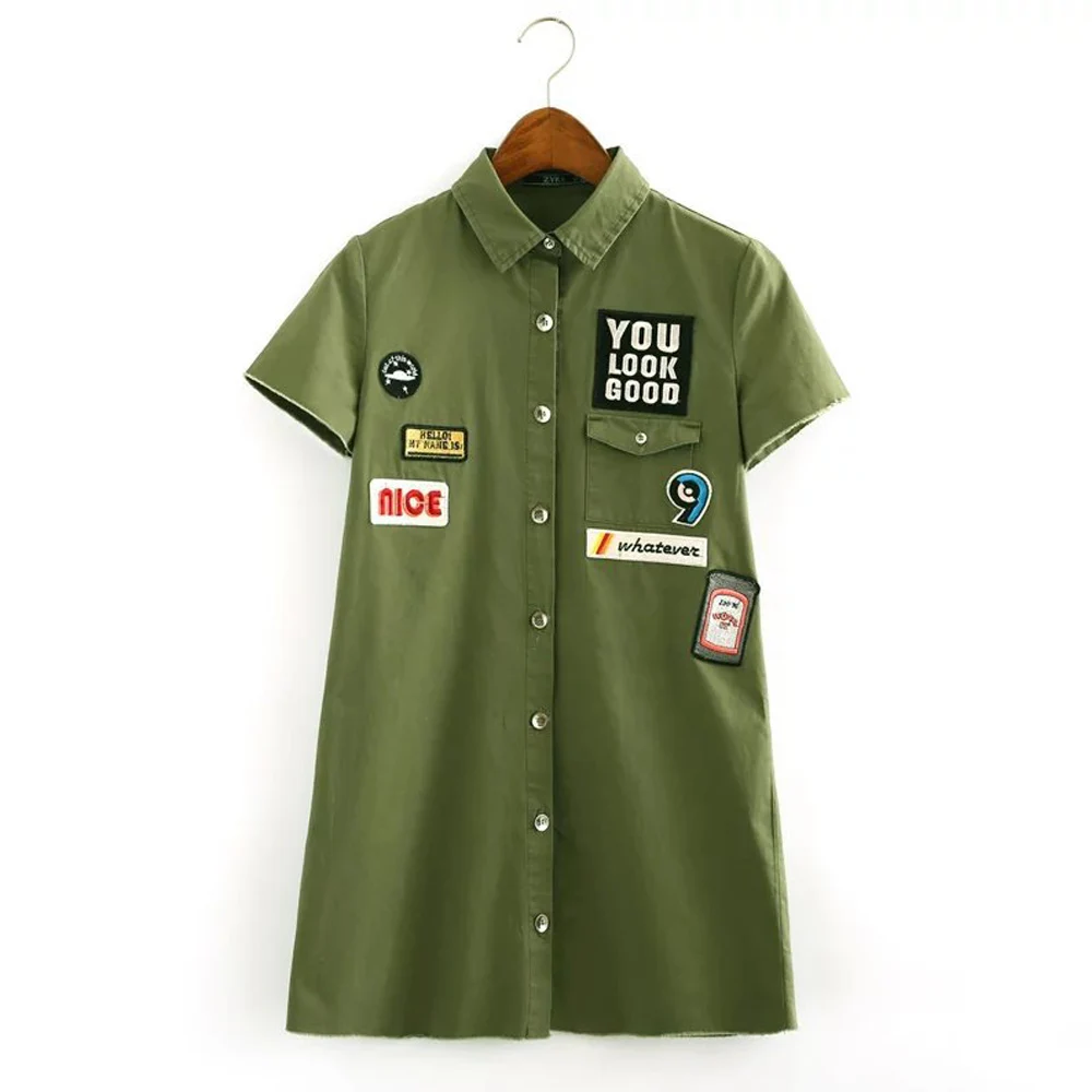 Casual Patch Designs Letter Embroidered Pattern Single Breasted Turn-down Collar Short Sleeve Women Slim Dress Military Green
Casual Patch Designs Letter Embroidered Pattern Single Breasted Turn-down Collar Short Sleeve Women Slim Dress Military Green