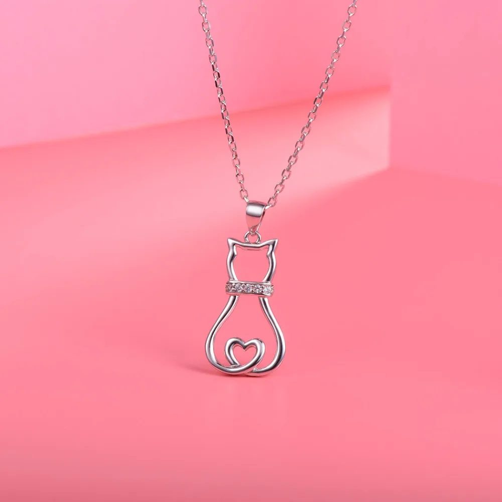 Lovely Cute Animal CZ Women's Fashion Jewelry Sterling Silver Cat Pendant Necklace - PeticaDeals