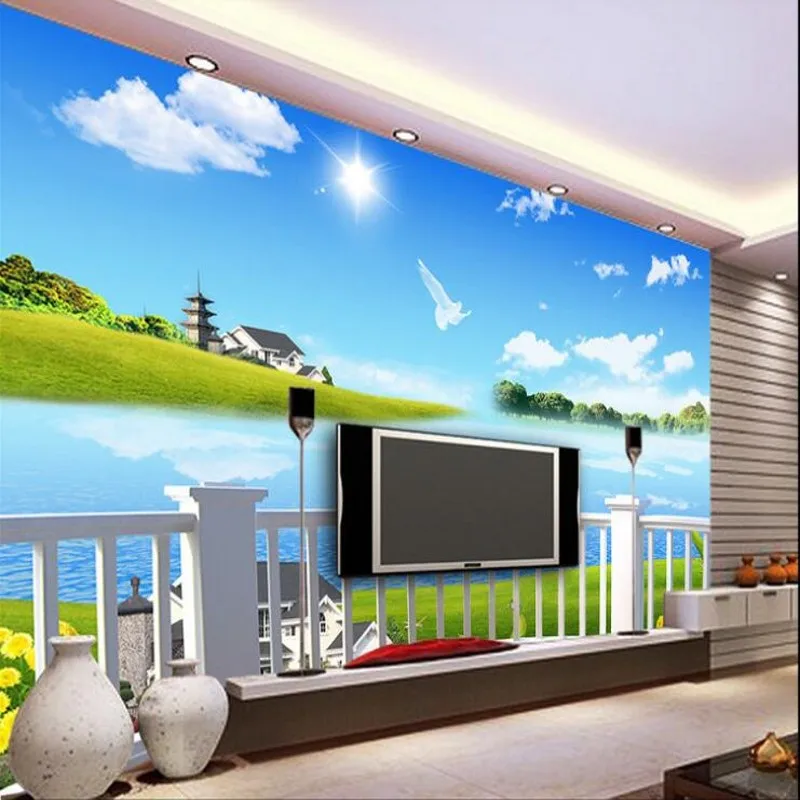 

wellyu Custom large - scale murals Dream Lake 3d blue sky and white villa TV backdrop non - woven wallpaper papel de parede
