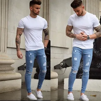 

Men Jeans 2019 Autumn Fashion Men Solid Ripped Skinny Biker Zipper Fly Jeans Destroyed Hole Frayed Slim Fit Denim Pencil Pants