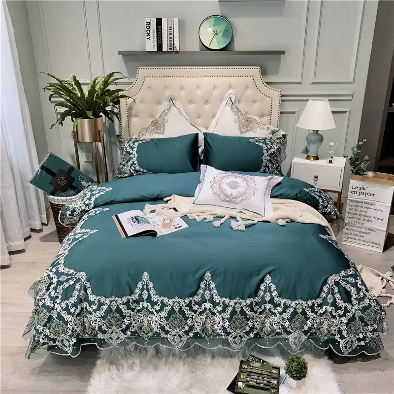 Luxury Green 60s Egyptian Cotton Lace Bedding Set Queen King Size