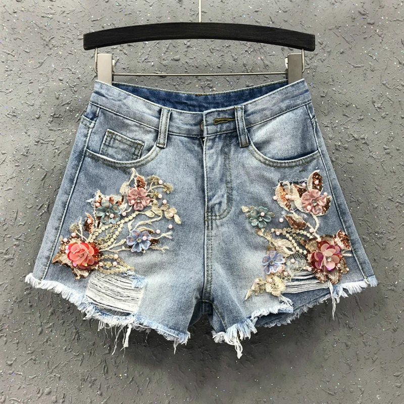 Summer Fashion Women Lady Embroidery Beading Flower Ripped Hole Denim Shorts , Womens Sequins Wide Leg Tassel Jeans Shorts
Summer Fashion Women Lady Embroidery Beading Flower Ripped Hole Denim Shorts , Womens Sequins Wide Leg Tassel Jeans Shorts