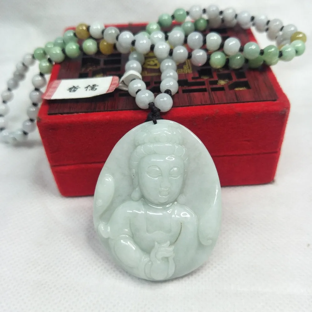 

Zheru Jewelry Pure Natural Jadeite Light Green Grand Guanyin Pendant Three-color jadeite jade necklace Send A-level certificate