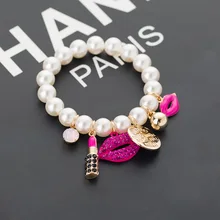 Shifeel Rantai Baru Perhiasan Gelang Berlian Imitasi Merah Bibir Lipstik Perhiasan Mutiara Imitasi Pulseiras Gelang Aksesoris Wanita(China)