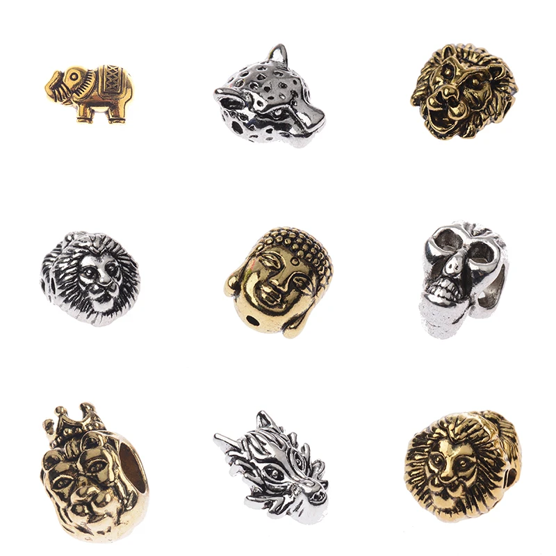 

10pcs/lot Elephant Owl Buddha Lion Leopard Head Metal Alloy Loose Spacer Beads For DIY Bracelet Jewelry Making Handmade Findings