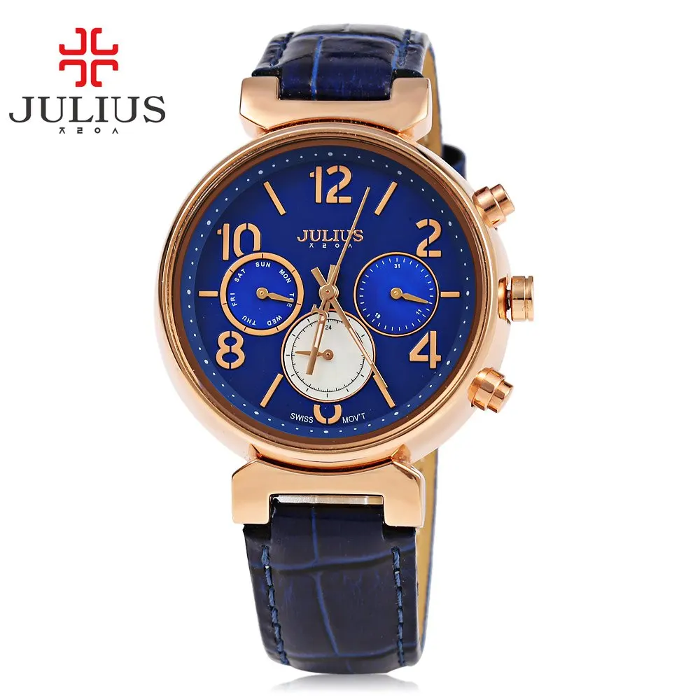 

JULIUS Women Three Working Sub-dials Quartz Watch Calendar Luminous Pointer Leather Strap Watches Fashion Waterproof Wristwatch