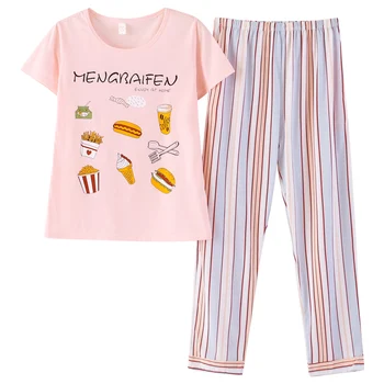 Summer Cartoon Pattern Women Pajama Set Plus Size M-3XL Knited Cotton Sleepwear Short Sleeve Tops + Trousers Two Pieces Suit
Summer Cartoon Pattern Women Pajama Set Plus Size M-3XL Knited Cotton Sleepwear Short Sleeve Tops + Trousers Two Pieces Suit