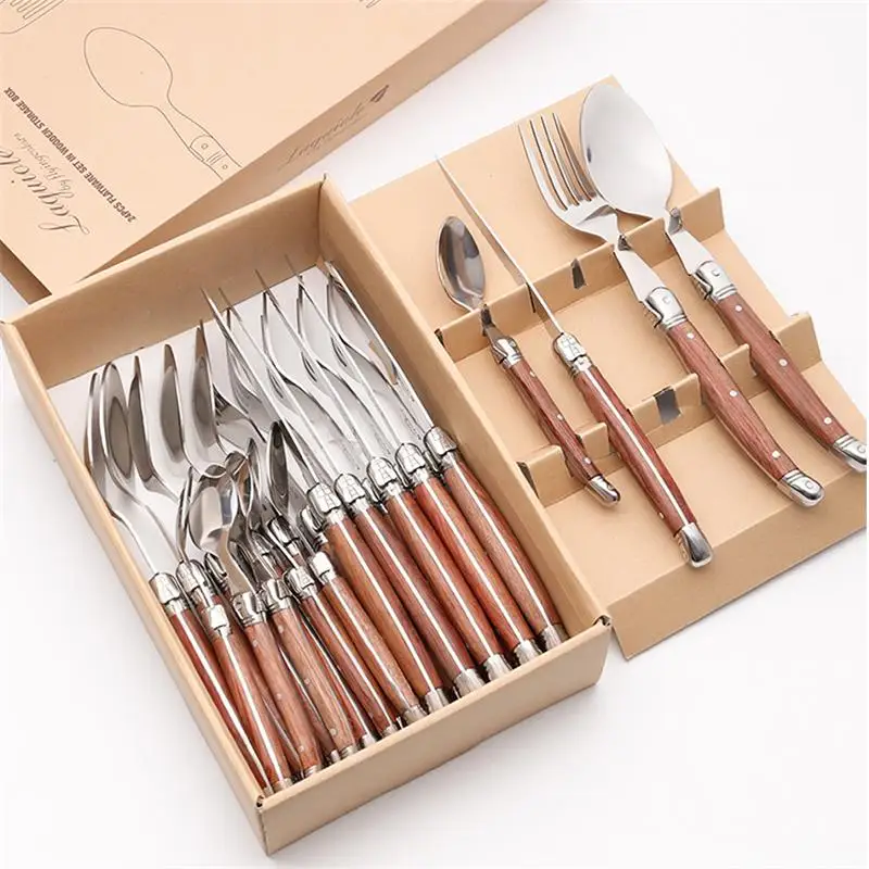 24pcs Laguiole Style Dinnerware set Stainless steel Flatware Set Wood Handles Steak Knife Fork Spoon Set Christmas Cutlery Gift
24pcs Laguiole Style Dinnerware set Stainless steel Flatware Set Wood Handles Steak Knife Fork Spoon Set Christmas Cutlery Gift
