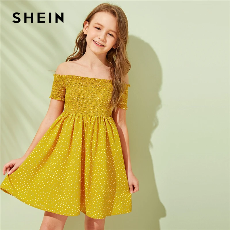 

SHEIN Kiddie Ginger Polka Dot Off The Shoulder Frill Trim Shirred Girls Boho Dress 2019 Summer Short Sleeve A Line Flared Dress