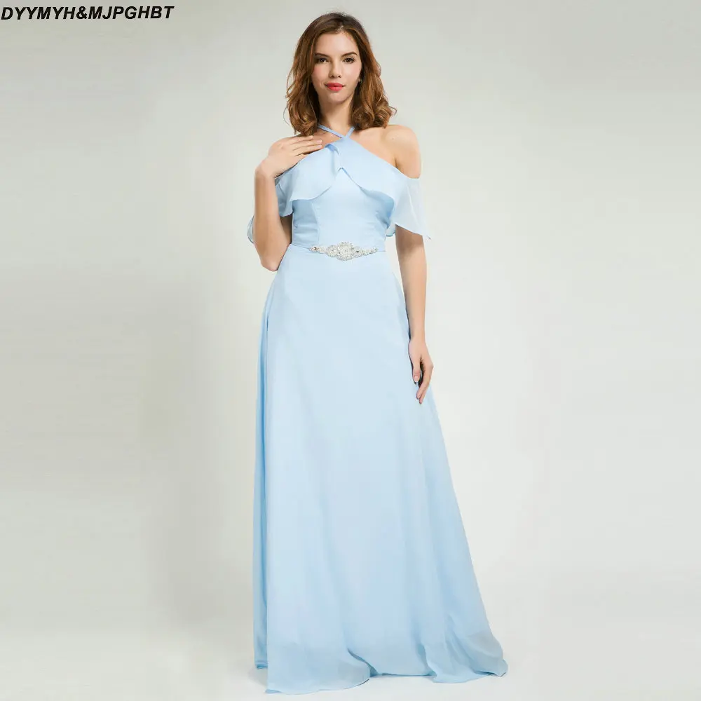 Halter Bridesmaid Dresses with Ruffles Off Shoulder Cross Back Sky Blue Chiffon Gowns | Свадьбы и торжества