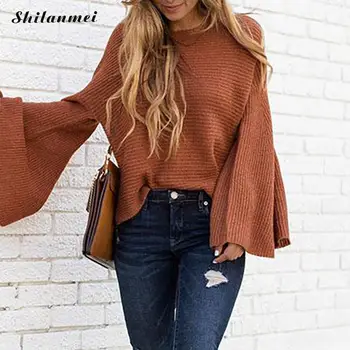 2019 Autumn Winter Sweater Pullover Women High Street Knittwear Tops Flare Sleeve O-Neck Knitted Outwear Solid Colors Sweater
2019 Autumn Winter Sweater Pullover Women High Street Knittwear Tops Flare Sleeve O-Neck Knitted Outwear Solid Colors Sweater
