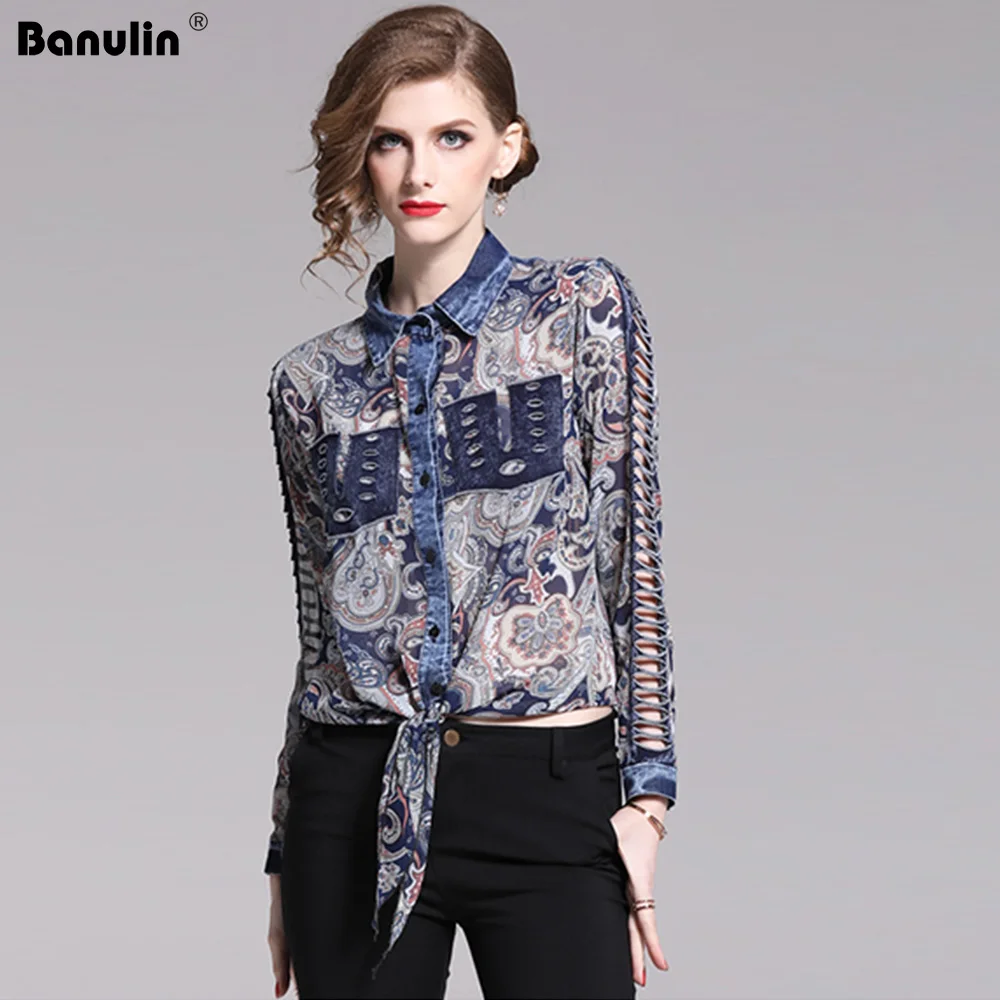 Banulin 2019 New Spring Turn-down Collar Blouse Long Sleeve Vintage Printed Stutching Denim Lace Up Slim Runway Shirt B1905
Banulin 2019 New Spring Turn-down Collar Blouse Long Sleeve Vintage Printed Stutching Denim Lace Up Slim Runway Shirt B1905