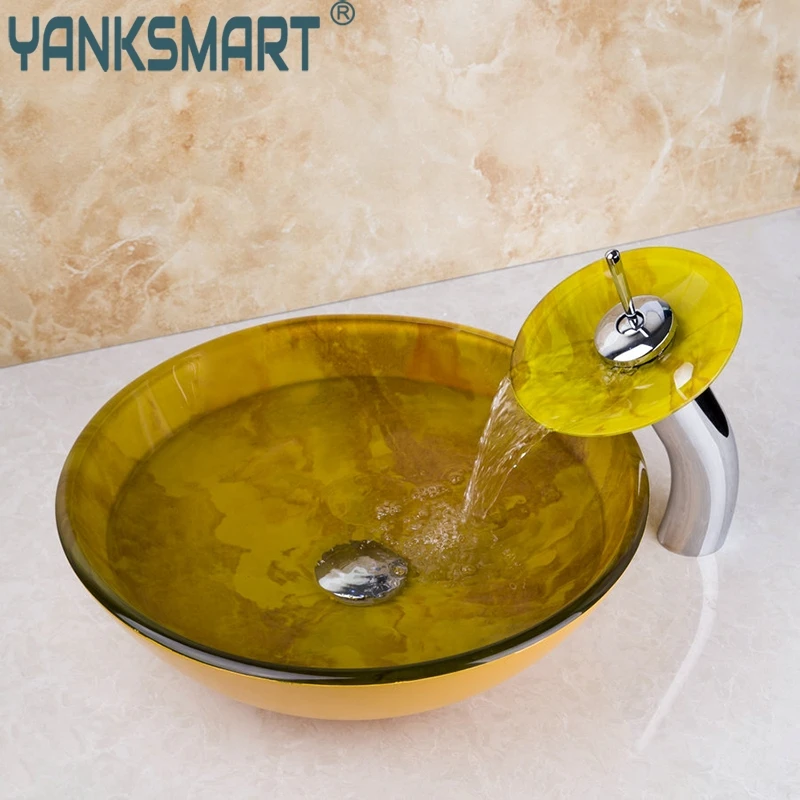 

YANKSMART yellow Round Washbasin Lavatory Vessel Glass Bathroom Sink & Chrome Waterfall Faucet mixer tap w/Drain Set