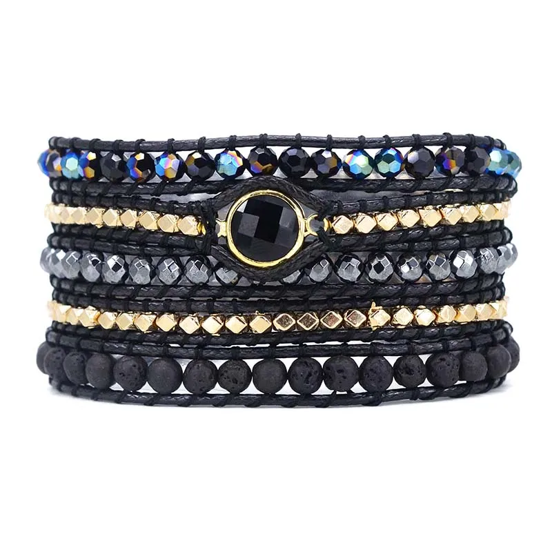 

Men and Women Vegan Bohemian Black Mix Natural Stone Beadwork 5 Wraps Bracelet Jewellery