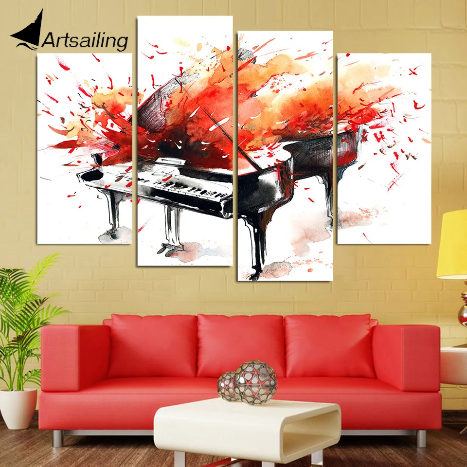 HD Printed 4 Piece Canvas Art Abstract Red Piano Painting Wall Pictures for Living Room Framed Modular Free Shipping NY-7028D | Дом и сад