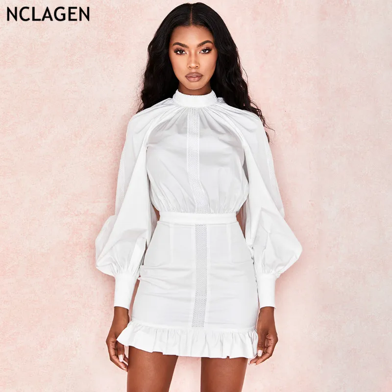 NCLAGEN 2019 Office Lady Crochet Hollow Out Long Lantern Sleeve Hip Package Dress Women Pure White Ruffles Backless Mini Dress
NCLAGEN 2019 Office Lady Crochet Hollow Out Long Lantern Sleeve Hip Package Dress Women Pure White Ruffles Backless Mini Dress