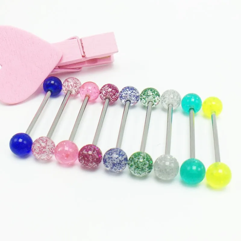 9pcsset women\`s beautiful tongue rings piercing tongue bars stainless steel candy color glitters 1.4x16x6mm mixed colors sexy
