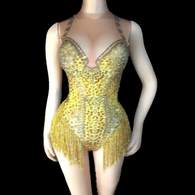 Sexy Nightclub Prom Dancing Costume One-piece Outfit Sparkly Gold Tassel Rhinestones Bodysuit Performance Stage Dance Wear
Sexy Nightclub Prom Dancing Costume One-piece Outfit Sparkly Gold Tassel Rhinestones Bodysuit Performance Stage Dance Wear