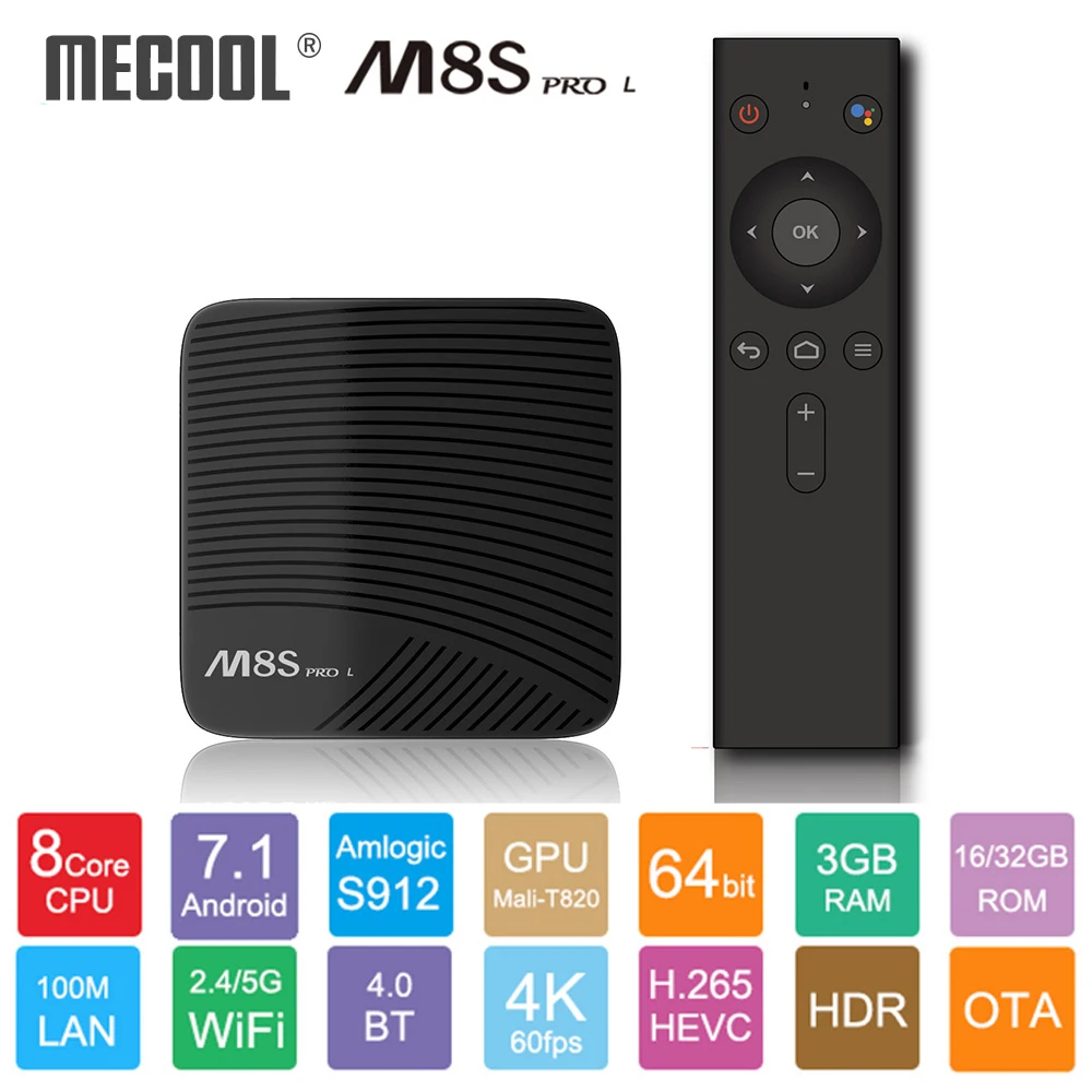Mecool M8S Pro L ATV Android TV BOX Amlogic S912 Octa Core 3GB 16GB/32GB DDR3 2.4G/5G WiFi 4K HD BT4.1 Support Google Voice
Mecool M8S Pro L ATV Android TV BOX Amlogic S912 Octa Core 3GB 16GB/32GB DDR3 2.4G/5G WiFi 4K HD BT4.1 Support Google Voice