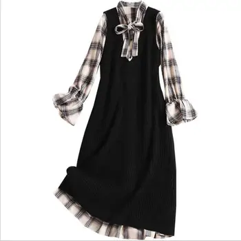 Women Elegant Black Knit Vest + Flare Sleeve Bow Plaid Dresses Suits Office Lady 2 Piece Set New 2019 Spring
Women Elegant Black Knit Vest + Flare Sleeve Bow Plaid Dresses Suits Office Lady 2 Piece Set New 2019 Spring