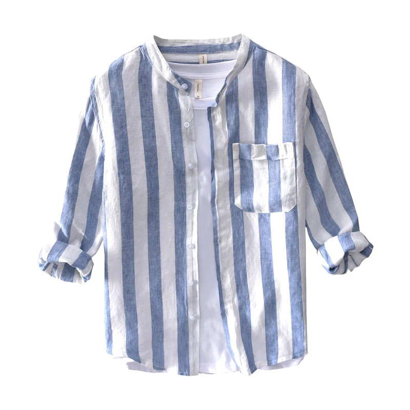 Summer Fashion Men Shirts Stand Collar Three Quarter Sleeve Casual Stripe Shirts Men Vintage Linen Shirt
Summer Fashion Men Shirts Stand Collar Three Quarter Sleeve Casual Stripe Shirts Men Vintage Linen Shirt