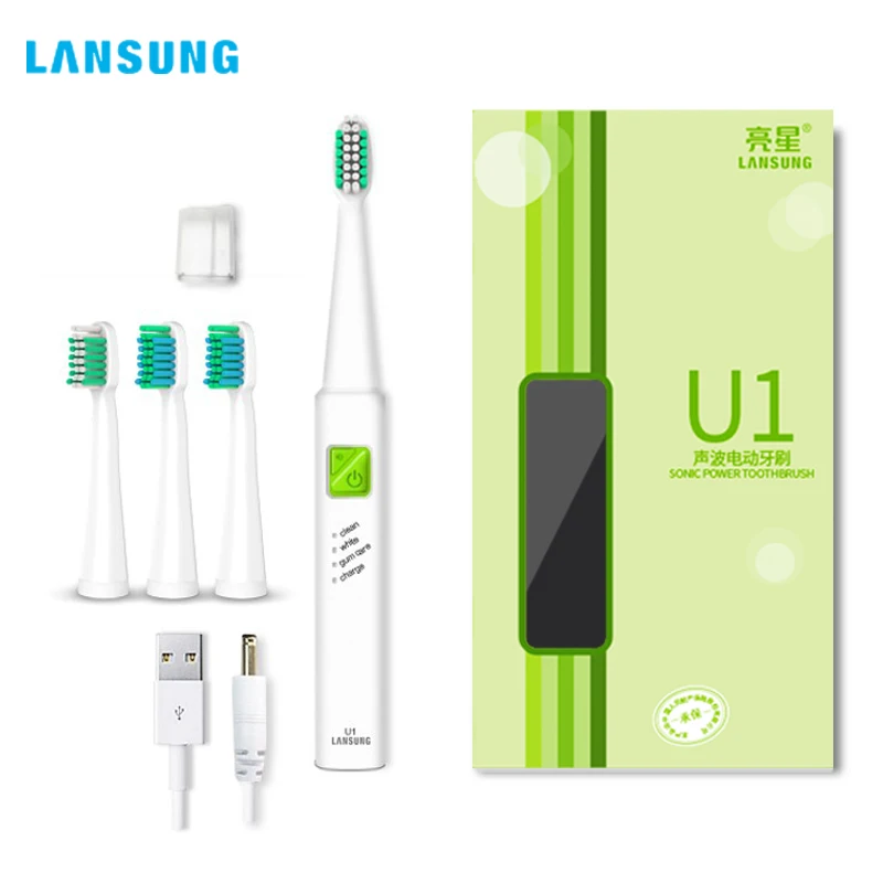 

LANSUNG USB Sonic Electric Toothbrush Adult Ultrasonic toothbrush Rechargeable 4 Toothbrush heads Replacements Whitening U1