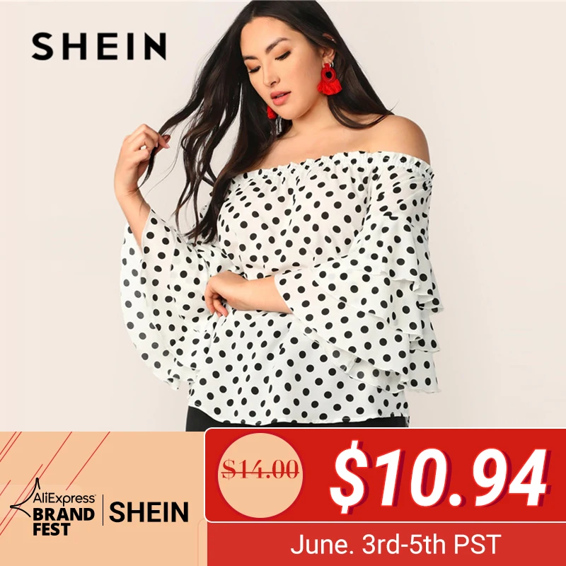 

SHEIN Plus Size White Polka-Dot Layered Sleeve Off Shoulder Top Blouse 2019 Women Spring Summer Boho Ruffle Sleeve Blouses Shirt