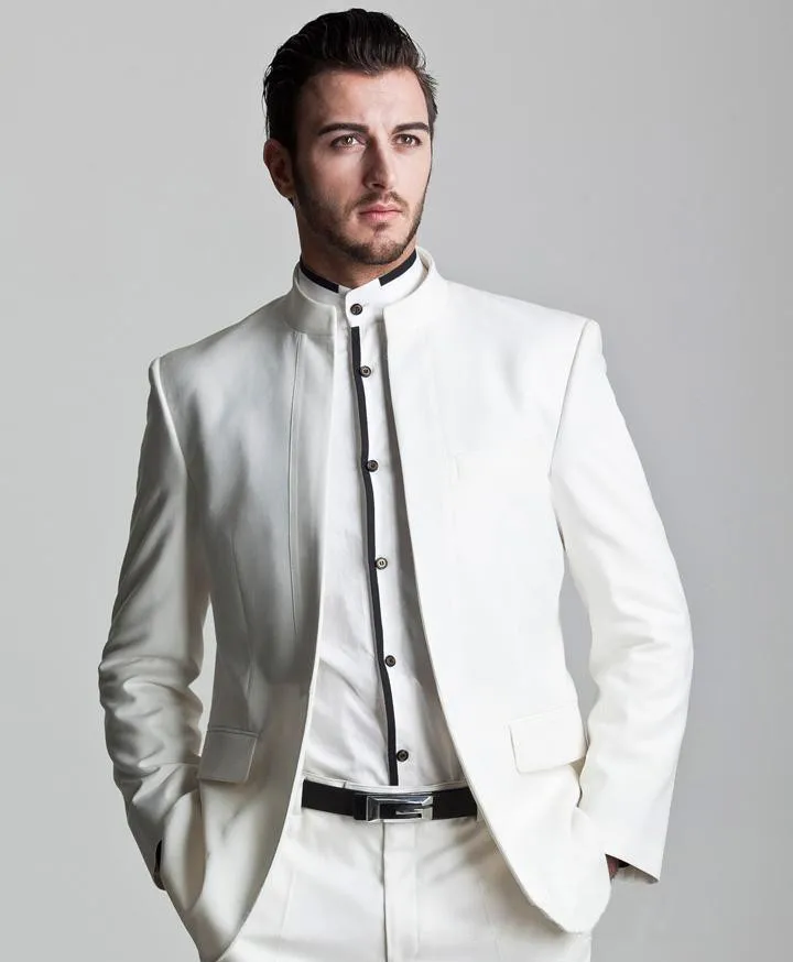 

2017 New Style Ivory Groom Tuxedos Mandarin Lapel Groomsmen Men Wedding groom wear Suit ( jacket+Pants+tie)