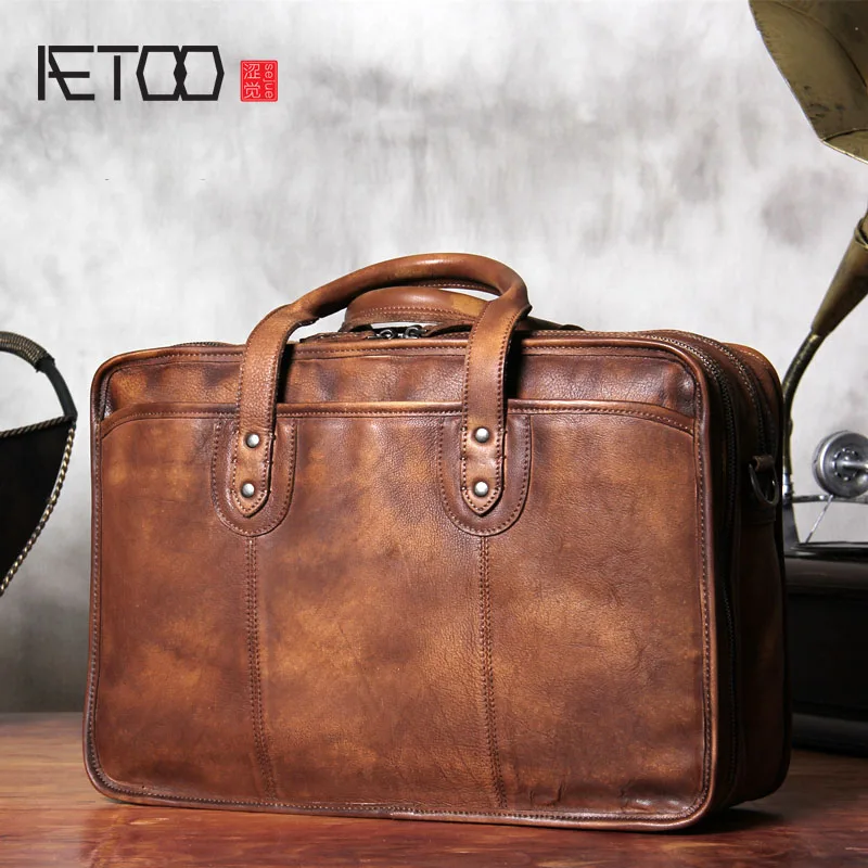 

AETOO Leather men's handbag, vintage made old head leather travel bag, one-shoulder slanted computer briefcase
