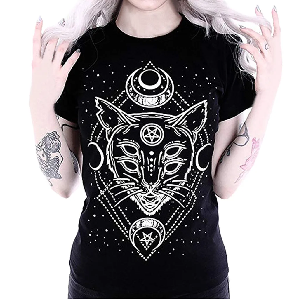 Fashion Women Black Harajuku Star Punk Cat Print T-Shirt Galaxy Short Sleeve Cat Print Loose Punk Gothic Tops Casual T-Shirt
Fashion Women Black Harajuku Star Punk Cat Print T-Shirt Galaxy Short Sleeve Cat Print Loose Punk Gothic Tops Casual T-Shirt
