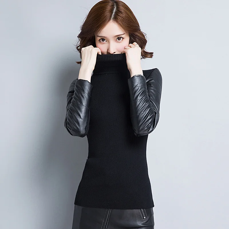 Women PU Sleeve Slim Turtleneck Sweater Elegant Ladies PU Patchwork Long Sleeve Sweater Pullovers
Women PU Sleeve Slim Turtleneck Sweater Elegant Ladies PU Patchwork Long Sleeve Sweater Pullovers