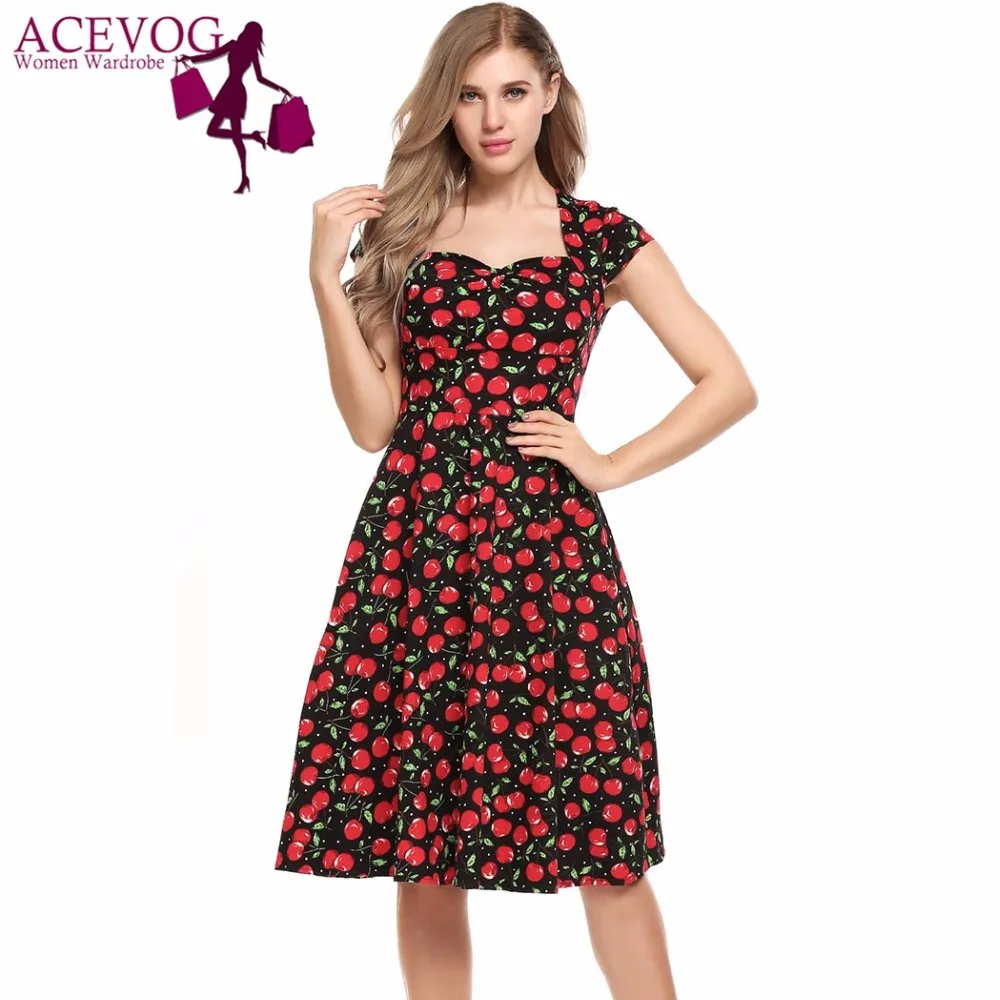 ACEVOG Women Vintage Swing Dress Lady Summer Styles Fruit Print V-Neck Cap Sleeve A-Line Pleated Hem Dresses Feminino Vestidos
ACEVOG Women Vintage Swing Dress Lady Summer Styles Fruit Print V-Neck Cap Sleeve A-Line Pleated Hem Dresses Feminino Vestidos
