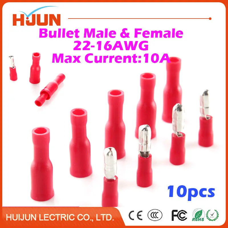 10pcs/lot Bullet-Male & Female Quick Disconnect Cable Wire Splice Insulation Terminal Connector 22-16AWG 0.5-1.5mm2 10A
10pcs/lot Bullet-Male & Female Quick Disconnect Cable Wire Splice Insulation Terminal Connector 22-16AWG 0.5-1.5mm2 10A