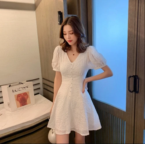 Fashion Palace Puff Sleeve White Elegant Dress Women V-neck Vintage Dresses Woman White Lovely Women's Cloth Korean Summer
Fashion Palace Puff Sleeve White Elegant Dress Women V-neck Vintage Dresses Woman White Lovely Women's Cloth Korean Summer