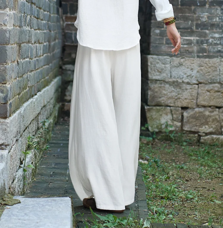 LZJN 2019 Spring Summer Culottes Pants Vintage Cotton Linen Pants Loose Full Length Trousers Women Wide Leg Pants White 3 Colors (27)