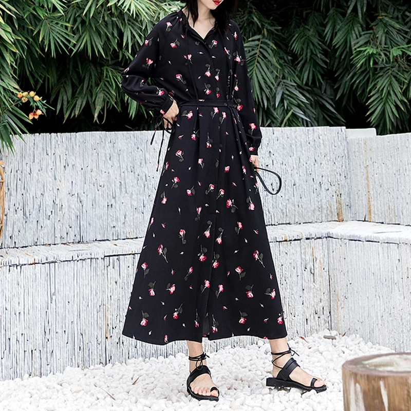 Vintage Black Floral Chiffon Dress Casual Women Lantern Sleeve Sashes Long Vestidos 2019 Spring Lace-up Stand Collar Dress Femme
Vintage Black Floral Chiffon Dress Casual Women Lantern Sleeve Sashes Long Vestidos 2019 Spring Lace-up Stand Collar Dress Femme