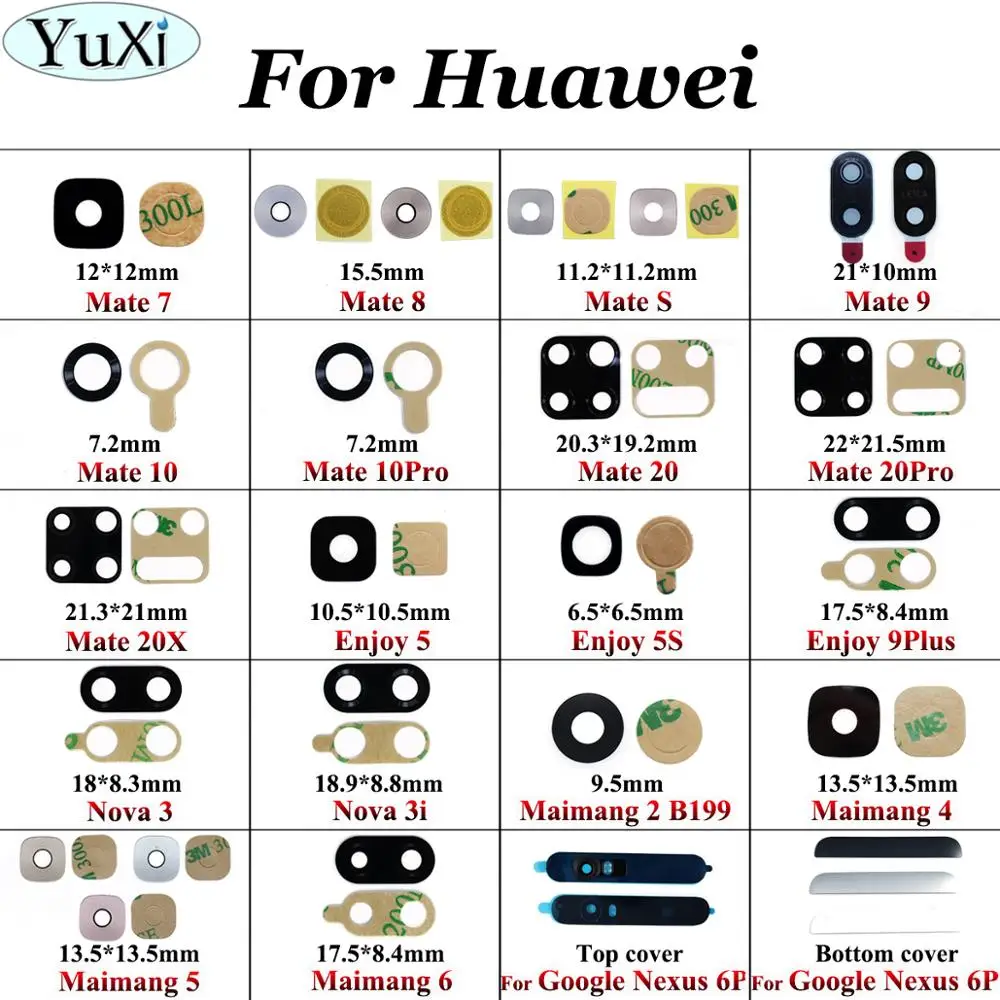 

YuXi Back Camera Lens For Huawei Mate 10 20 Pro 7 8 S 20X Enjoy 5 5S 9plus Nova 3 3i Camera Glass Lens With Adhesive Replacement