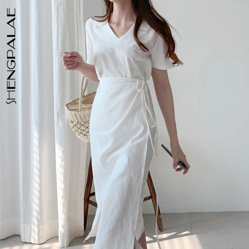SHENGPALAE V Collar Short Sleeve High Waist Tie Solid White Korean Fashion Japab Style Loose Women Summer Dress Tide FN714
SHENGPALAE V Collar Short Sleeve High Waist Tie Solid White Korean Fashion Japab Style Loose Women Summer Dress Tide FN714