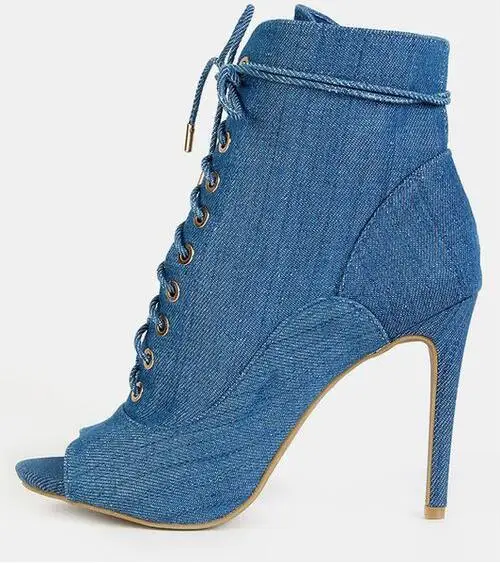 New Designer Blue Denim Woman Ankle Boots 2018 Peep Toe Lace-up Studded Boots Women High Heels Cut-out Gladiator Shoes Boot
New Designer Blue Denim Woman Ankle Boots 2018 Peep Toe Lace-up Studded Boots Women High Heels Cut-out Gladiator Shoes Boot