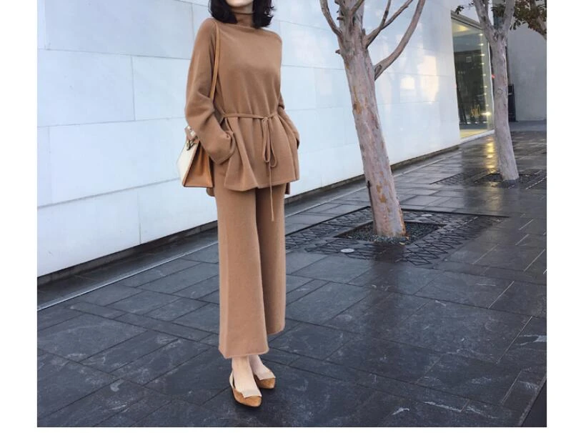 2019 Early Autumn Elegant Two Piece Turtleneck Knitted Slip Sweater Lace-up Wide Leg Pants Knitting Suit Woman
2019 Early Autumn Elegant Two Piece Turtleneck Knitted Slip Sweater Lace-up Wide Leg Pants Knitting Suit Woman