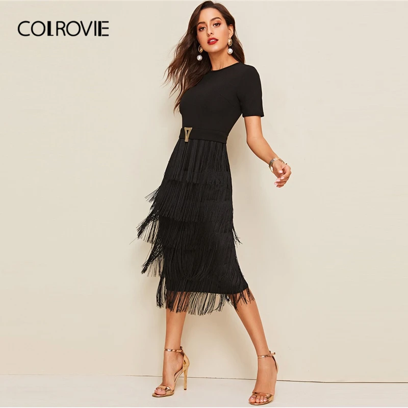 COLROVIE Black Metal Button Detail Layered Fringe Pencil Dress Women 2019 Summer Glamorous Bodycon Ladies Slim High Waist Dress
COLROVIE Black Metal Button Detail Layered Fringe Pencil Dress Women 2019 Summer Glamorous Bodycon Ladies Slim High Waist Dress