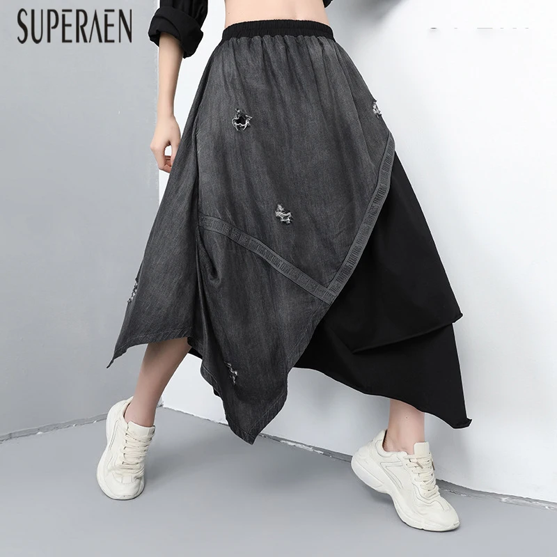 

SuperAen Europe Women Skirts 2019 Spring New Fashion Casual Wild Denim Splice Skirts Female Loose Pluz Size Irregular Skirts