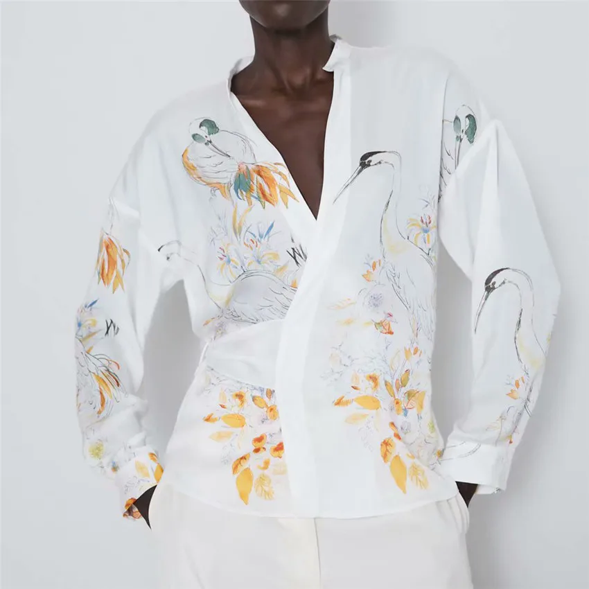 Women style chiffon crane printed wrap blouse long sleeve v neck side bow belt shirts female office ladies tops blusas 
Women style chiffon crane printed wrap blouse long sleeve v neck side bow belt shirts female office ladies tops blusas