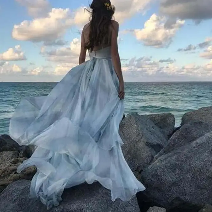 Beach Style A Line Spaghetti Straps Vintage Style Wedding Dresses Low Back Sky Blue chiffon Boho vestido de noiva
Beach Style A Line Spaghetti Straps Vintage Style Wedding Dresses Low Back Sky Blue chiffon Boho vestido de noiva
