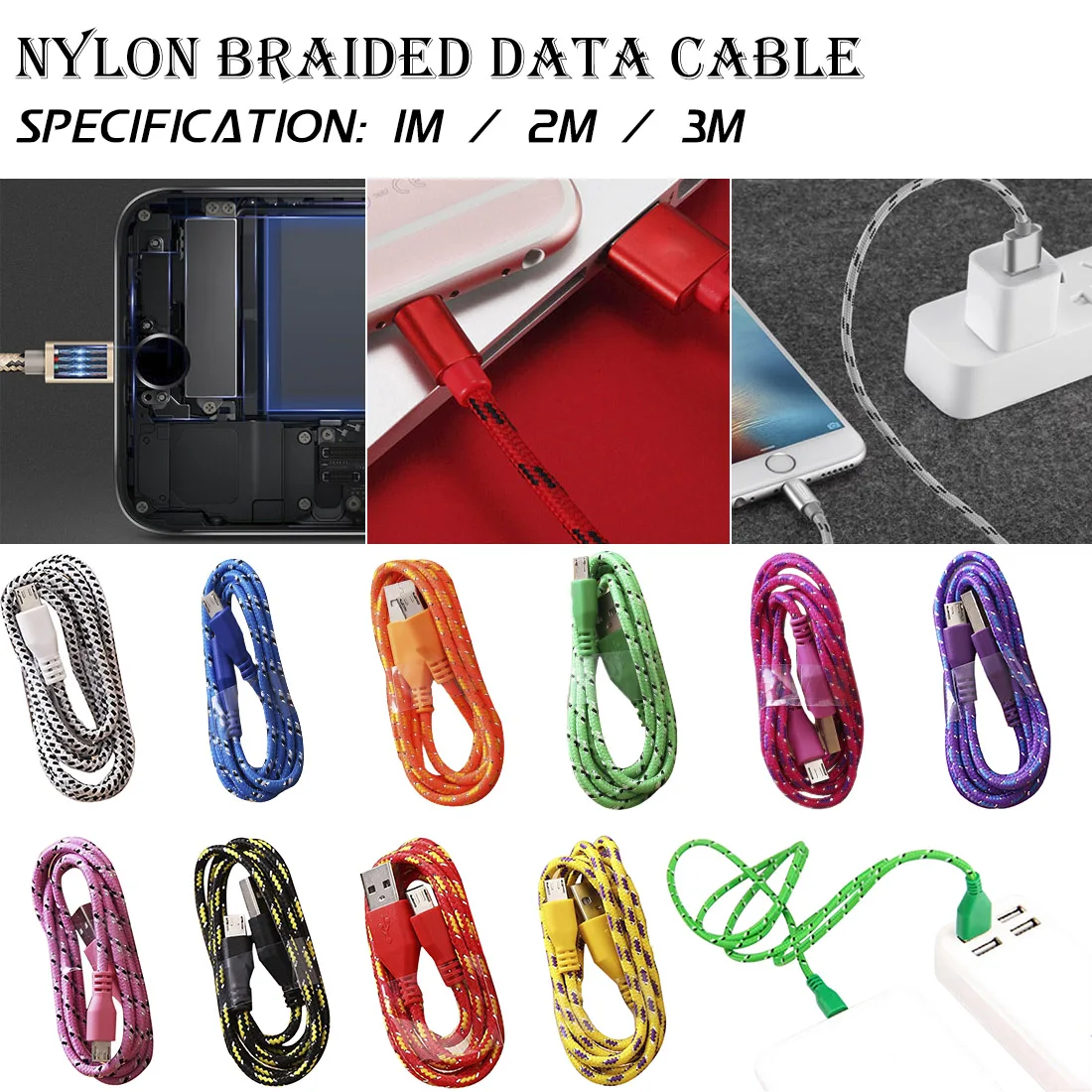 

Nylon Braided Micro USB Cable 1m/2m/3m Data Sync USB Charger Cable For Samsung HTC LG huawei xiaomi Android Phone Cables