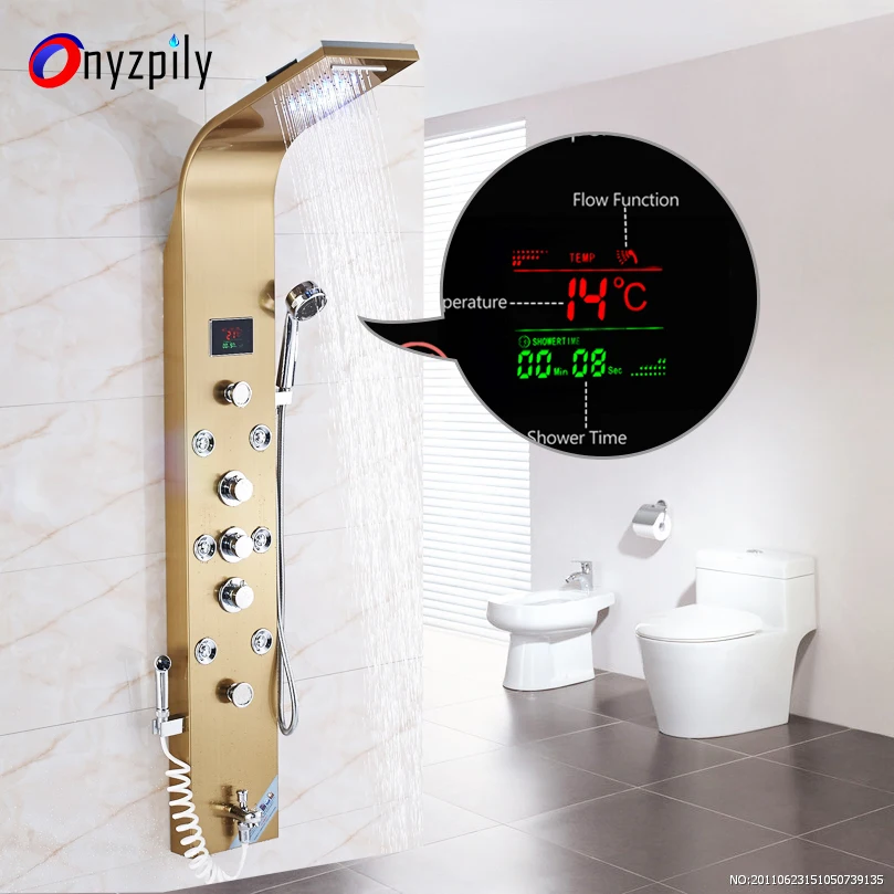 Onyzpily Bathroom Shower Panel Golden Brushed Waterfall Rainfall Shower Head Hot and Cold Mixer Tap Para Bathroom Shower
Onyzpily Bathroom Shower Panel Golden Brushed Waterfall Rainfall Shower Head Hot and Cold Mixer Tap Para Bathroom Shower