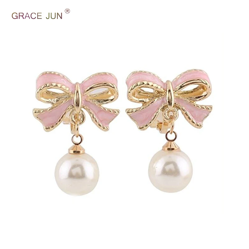 

High Quality Simulated Pearl Pink Color Enamel Bowknot Shape Clip on Earrings Without Piercing for Girls Charm No Hole Ear Clip