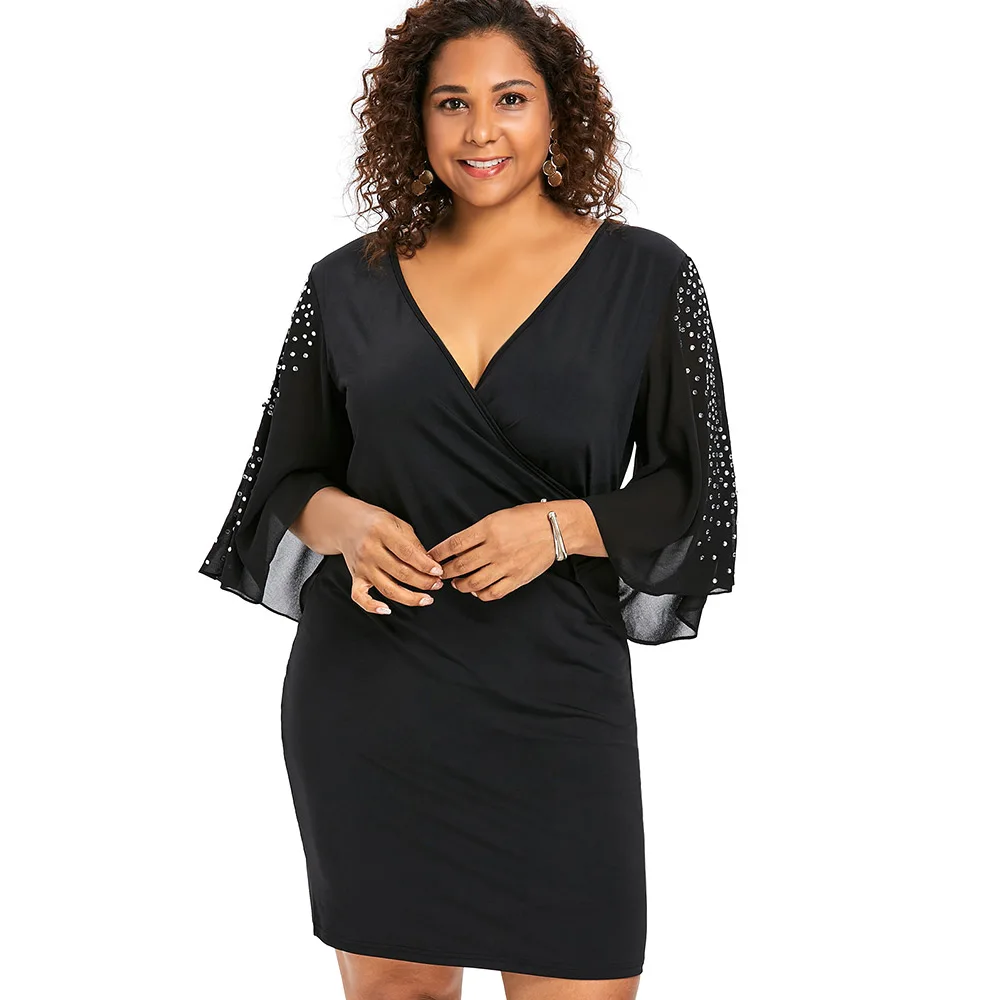 

Wipalo Sexy Plus Size Elegant Rhinestone Embellished V-Neck BlackFlare Slit Sleeve Sheath Dress 2019 Large Sizes Vestido